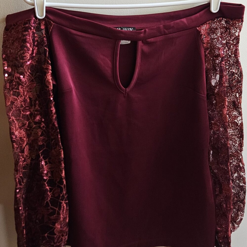 Deep Red L Venus Off the Shoulder Long Sleeve Top with Floral Lace and Sequins